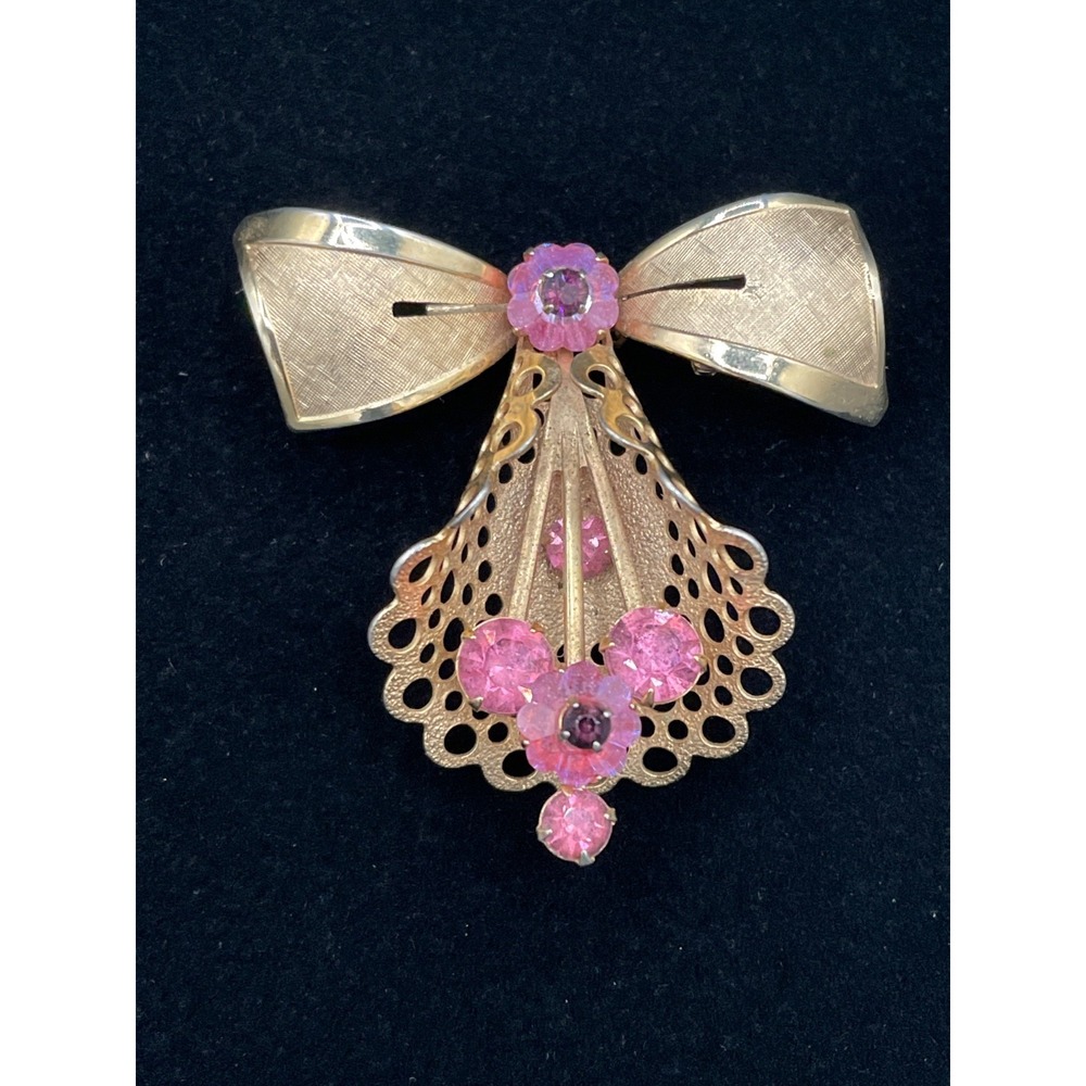 Vintage MCM Pink Rhinestone Bow Bouquet Brooch Leaf Gold Tone Pin Prong Set